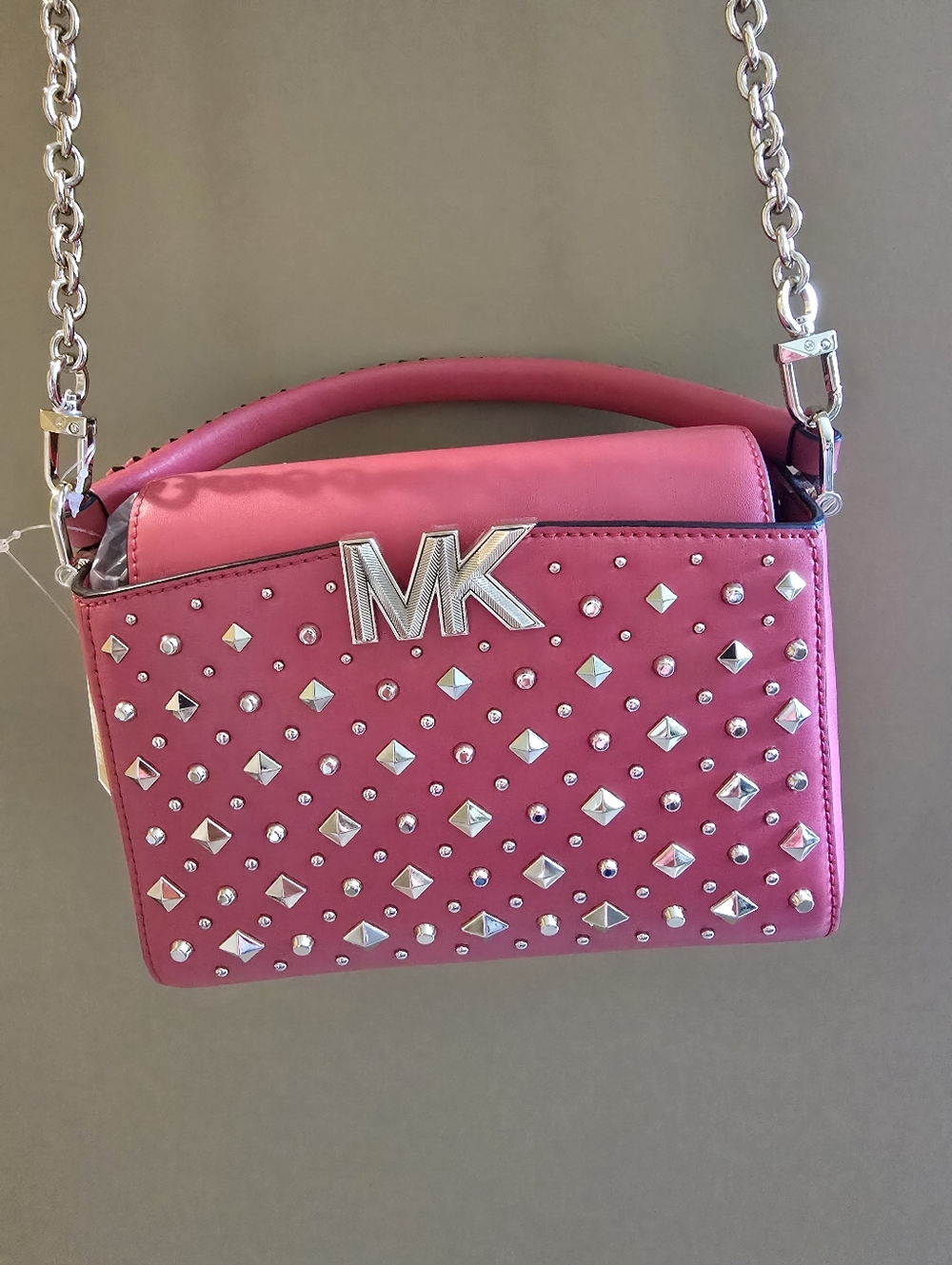 Michael Kors Rich Coral Studded Leather Crossbody with Chain Strap NWT
